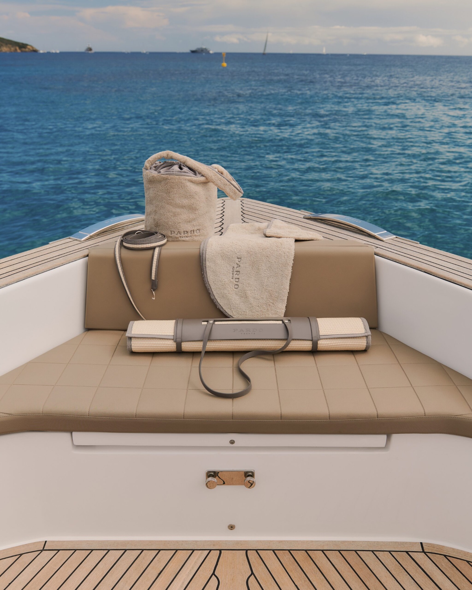 Pardo yacht detail — editorial view of luxury boat deck with sea beyond